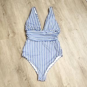 H&M Blue and Whie Striped High Cut One Piece Swimsuit